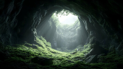 Mysterious Green Cave with Light Rays