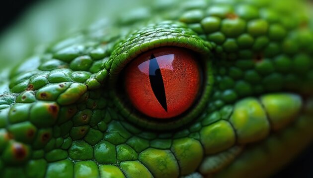 Close-up on green snake with red eye, reptile scale texture. Cold blooded python eye looks menacing. Macro animal portrait for wildlife, zoology themes, horror concept.