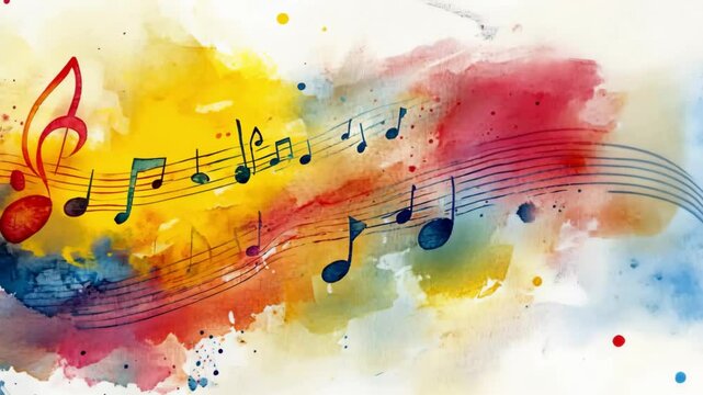 Musical notes on colorful watercolor background