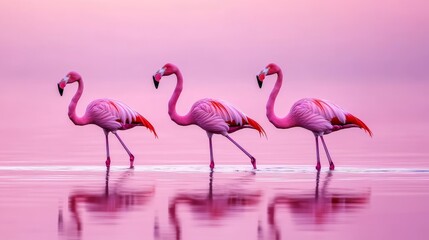 Obraz premium Three graceful flamingos walking along a serene pink lake at sunset, reflecting vibrant color