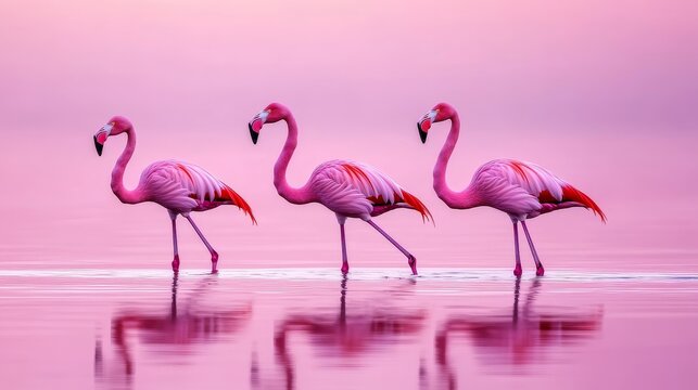 Three graceful flamingos walking along a serene pink lake at sunset, reflecting vibrant color - Powered by Adobe