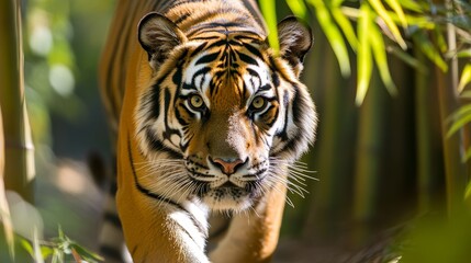 Obraz premium Majestic tiger prowling through lush bamboo forest, showcasing its striking features and power