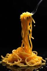 Illuminated strands of pasta against a stark black backdrop, restaurant, menu, carb