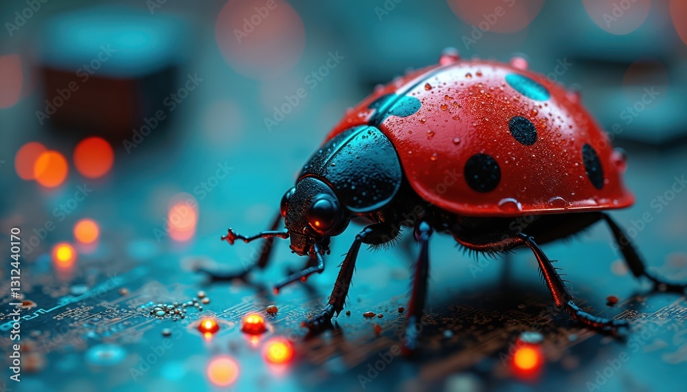 Poster Ladybug on circuit board symbolizes software bug testing. Macro photo of ladybird represents QA engineer job, IT issues, debugging process, system error analyzing, finding malware in hardware.