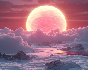 Pink Moon Rising Over Cloud Mountains