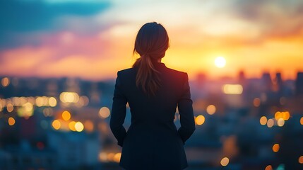 A business woman is viewing the cityscape during a beautiful sunset