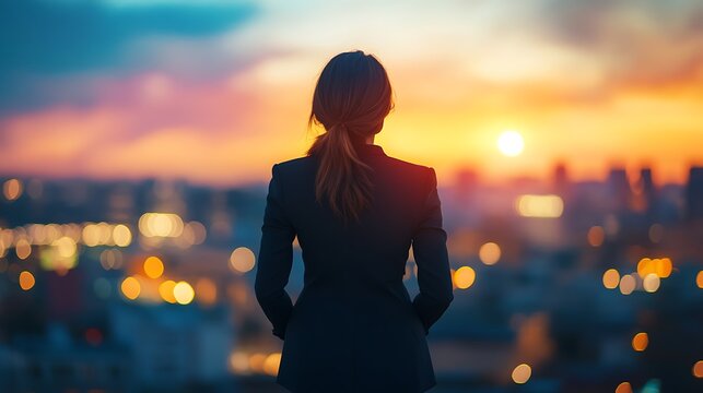 A business woman is viewing the cityscape during a beautiful sunset