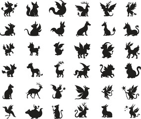 Collection of beautiful fantasy animal icon vector illustration silhouette design isolated on white background