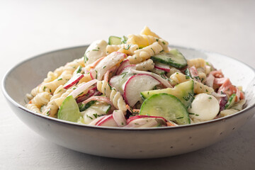 Pasta salad with vegetables, sausage and mozzarella cheese in plate on concrete background