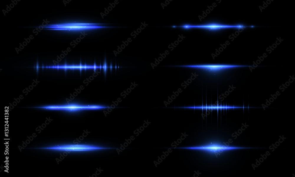 Aufkleber Set of horizontal glowing bright blue rays of light effect isolated on transparent background. Vector