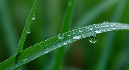 Obraz premium Water Droplets on Green Grass Blade Fresh Morning Dew Closeup