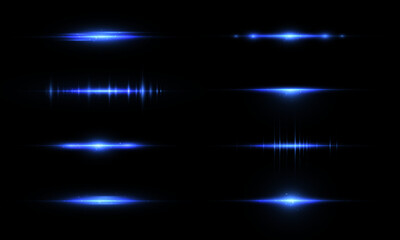 Set of horizontal glowing bright blue rays of light effect isolated on transparent background. Vector