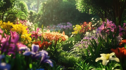 Fototapeta premium Vibrant floral garden paradise with mixed colorful blossoms and lush greenery