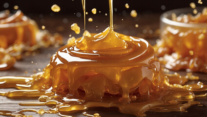 A Tempting Visual of Caramel Splashing, Perfect for Sweet Treats and Desserts