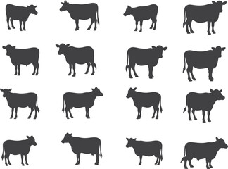 Set of black and white silhouette design cow, farm animals icon vector illustration with white background