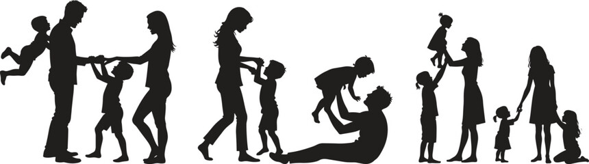 Set of black and white silhouette design parent-child bonding icon vector illustration with white background