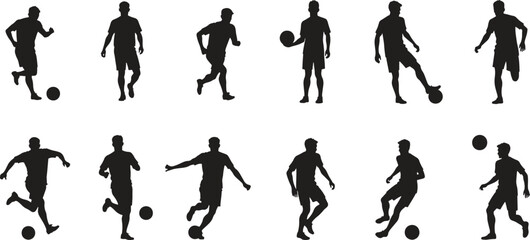 Set of black and white silhouette design dynamic soccer player icon vector illustration with white background