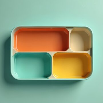 Minimalist empty bento box on neutral aqua surface. Four colorful sections orange, beige, yellow, turquoise. Modern design food container, divided tray, for lunch, snack, meal storage, organization,