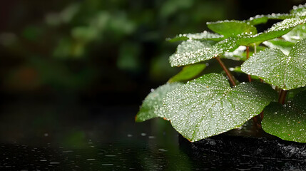 Green leafy plant covered in droplets of water in dark setting