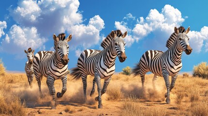 Obraz premium A group of zebra galloping across a sandy landscape under a bright blue sky with clouds
