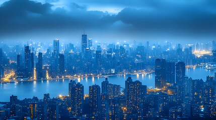 Fototapeta premium Night City Skyline with Blue Lights and River