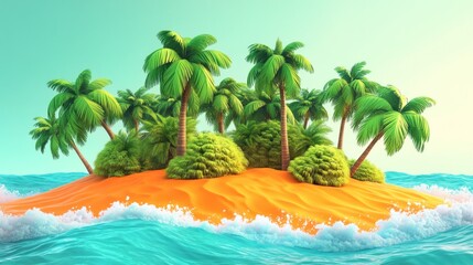 Obraz premium An animated island features palm trees and sandy beach with ocean waves