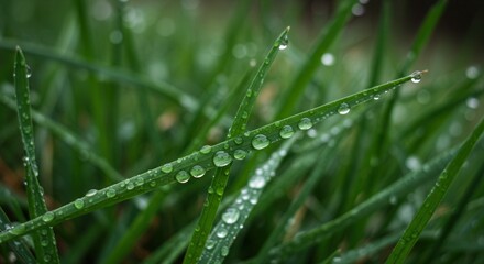 Obraz premium Water Droplets on Green Grass Blades Macro Freshness and Purity