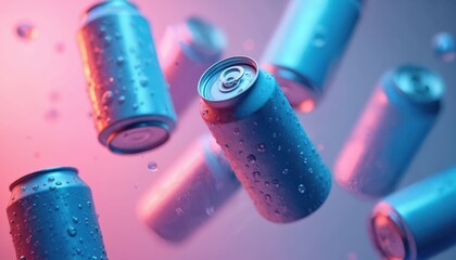 Soda cans floating in the air with water droplets. Refreshment concept, blue and pink tones. Cold beverage, aluminum cans, water drops. Fizzy, sweet drink with no label. Thirst and freshness.