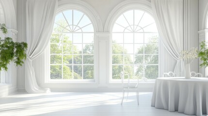 White dining room corner with arched windows