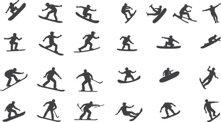 Fototapeta premium Set of black and white silhouette design snowboarding and skiing symbol icon, logo vector illustration with white background