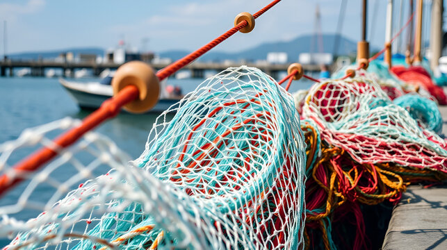 Closeup of fishing nets on a port