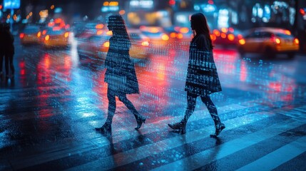 Women Walking City Street Night Rain Data Overlay