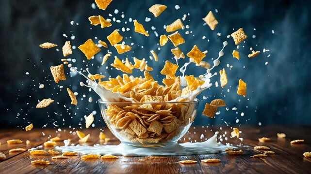 Crispy golden cornflakes flying midair above a transparent bowl against a dark background
