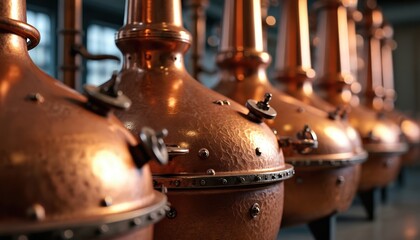 Close-up of copper distillery stills in row. Alcohol brew production in shiny metal vessels. Hardware, tanks, pots at industrial manufacturing plant for liqueur, spirit, whiskey, rum or gin.
