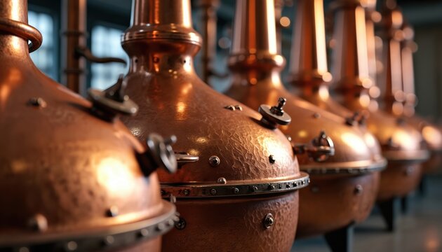 Close-up of copper distillery stills in row. Alcohol brew production in shiny metal vessels. Hardware, tanks, pots at industrial manufacturing plant for liqueur, spirit, whiskey, rum or gin.