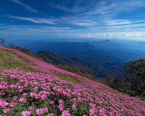Obraz premium Pink cosmos bloom hillside mountain vista