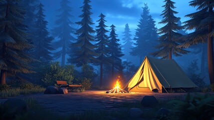 A peaceful forest campsite is illuminated by a warm campfire