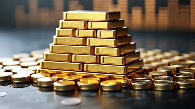 Golden Riches: A pyramid of gleaming gold bars sits atop a bed of gold coins, symbolizing wealth, investment, and financial success against a backdrop of market data.
