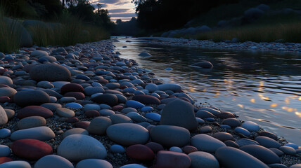 Obraz premium Discover vibrant riverbed pebbles reflecting the beauty of nature under a twilight sky