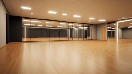 Spacious and modern dance studio with wooden floor and large mirrors reflecting soft lighting