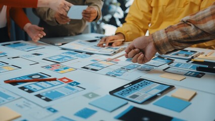A diverse team collaborates in a brainstorming session, creating wireframes and discussing...