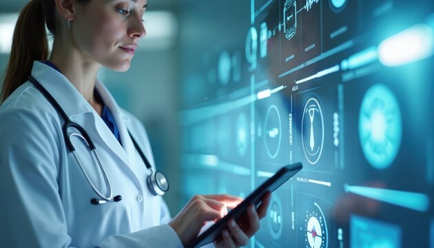 Doctor uses digital tablet with touch screen interface in modern medical practice, advanced health tech. Woman in lab coat works with futuristic network system for diagnostic service, patient data
