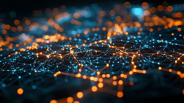 Glowing orange and blue network connections with bokeh light effects on dark background create futuristic technology visualization pattern.