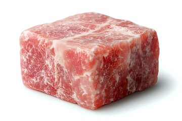 Raw cube cut of marbled pork belly with white fat streaks on white background, isolated fresh meat for cooking and restaurant menu presentation.