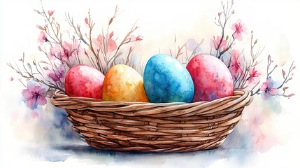 easter eggs in basket clipart watercolor illustration artistic illustration detailed illustration
