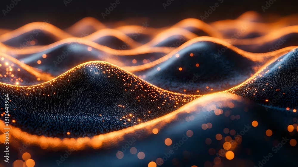 Poster abstract glowing orange waves with sparkles and bokeh effects flowing on dark background create dyna
