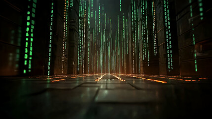 Digital code streams down inside a futuristic structure visualization