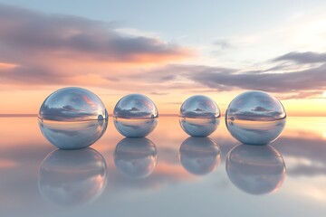 Reflective Spheres at Sunset: A Calm and Serene Scene