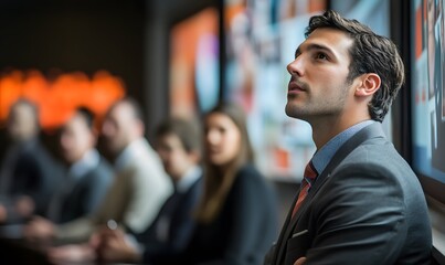 Fototapeta premium Pensive businessman at meeting looking thoughtfully ahead with colleagues