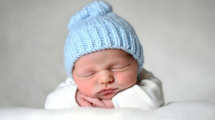 Sleeping Newborn Baby in a Light Blue Knit Hat